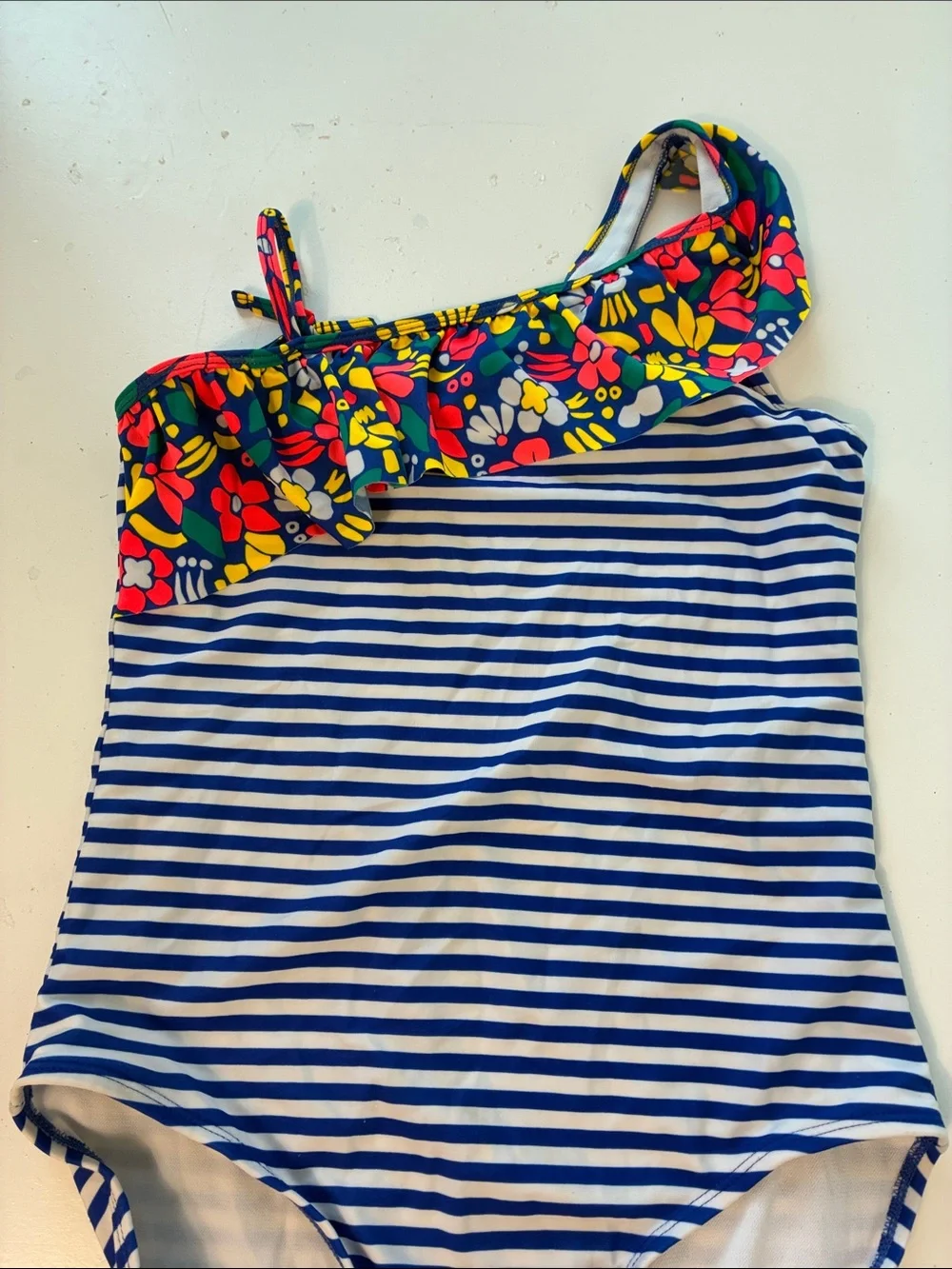 Cat & Jack XL 14/16 Blue White Striped One Piece Floral Swimsuit
